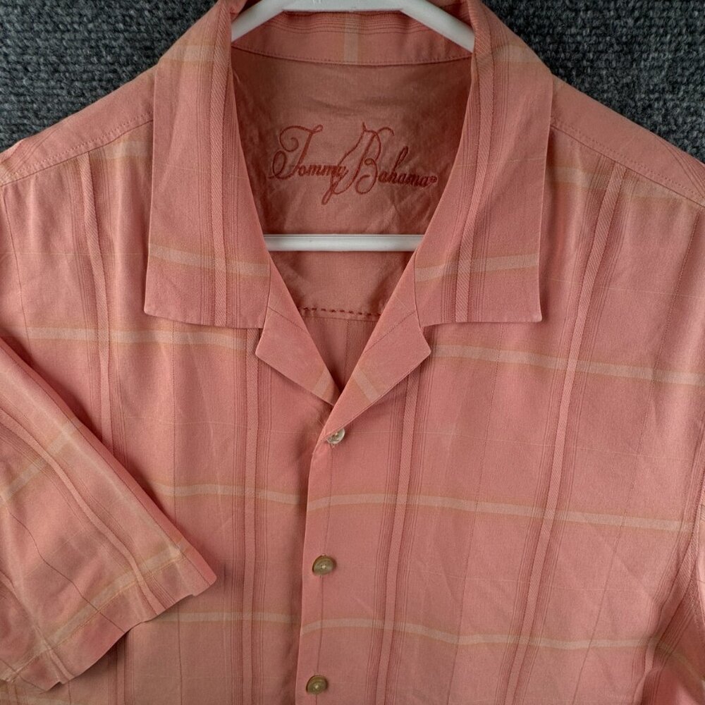 Tommy Bahama Short Sleeve Button Up Shirt Orange Check Medium All Silk Adult